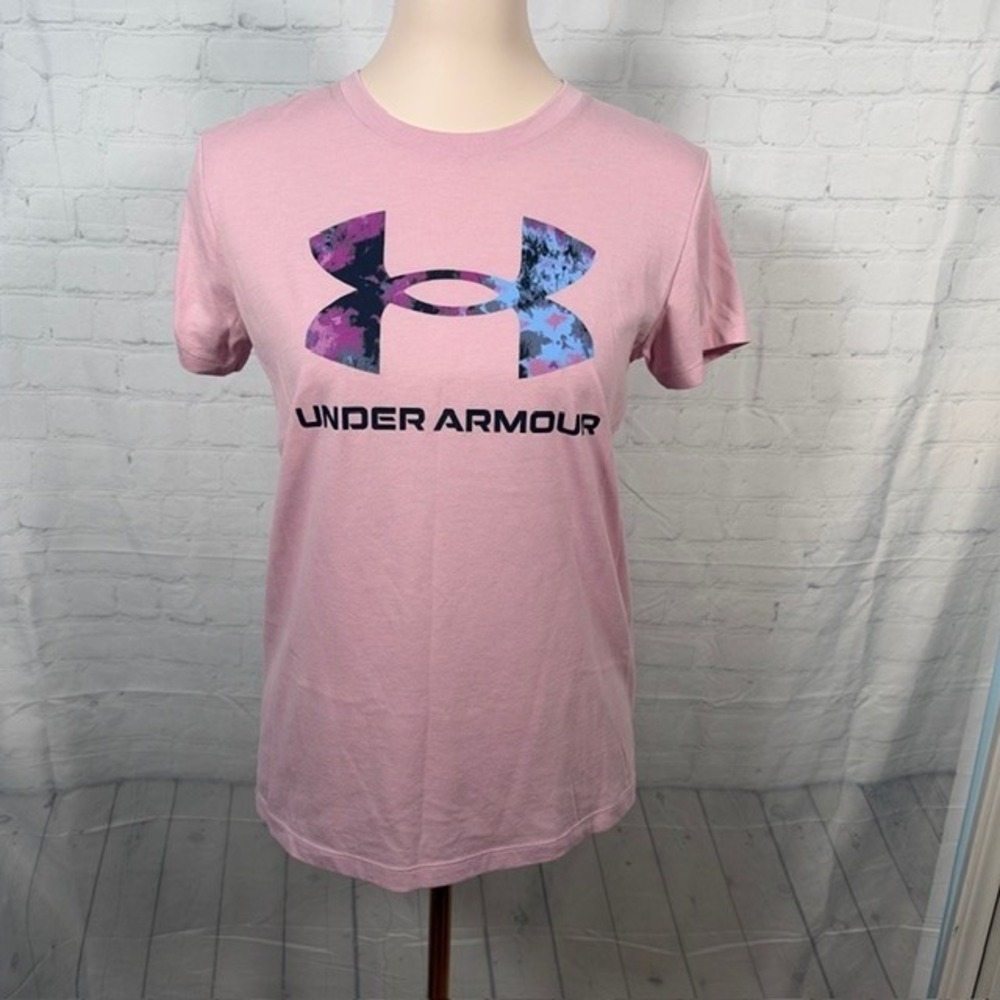 Under Armour Women's Pink Graphic Logo Tee Loose Fit Size S EUC